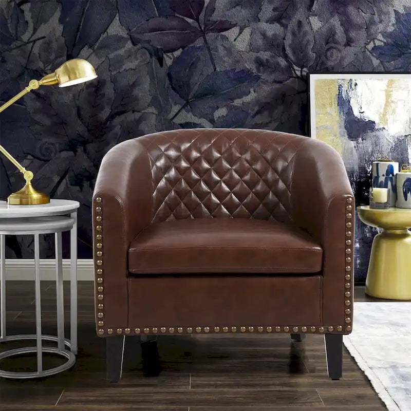 Fauteuil crapaud d'appoint pour salon avec clous décoratifs et pieds en bois massif