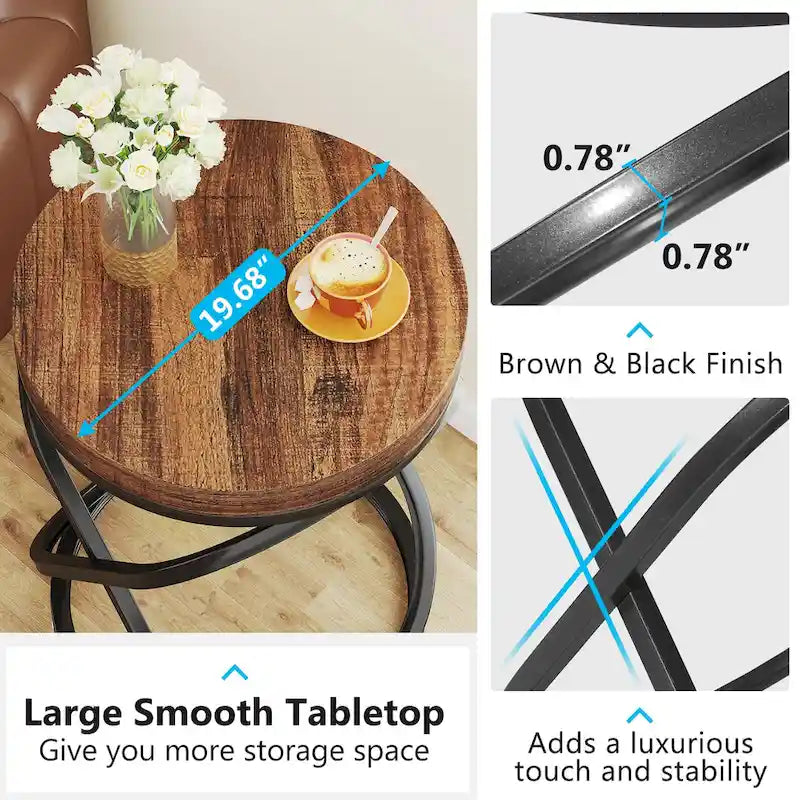 Table d'appoint ronde moderne de 48 cm avec cadre en métal pour canapé, salon, chambre à coucher