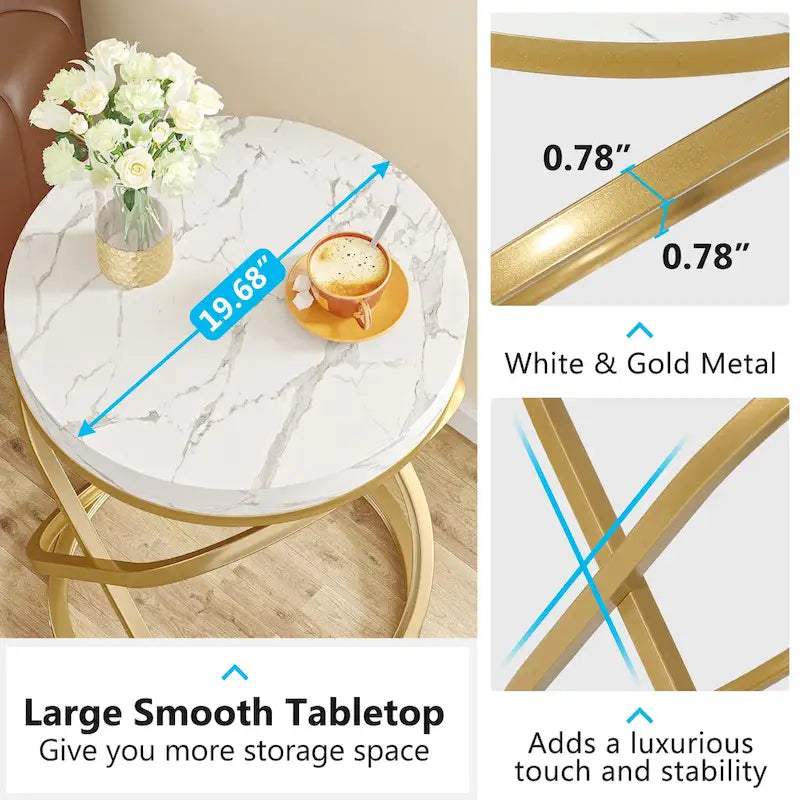 Table d'appoint ronde moderne de 48 cm avec cadre en métal pour canapé, salon, chambre à coucher