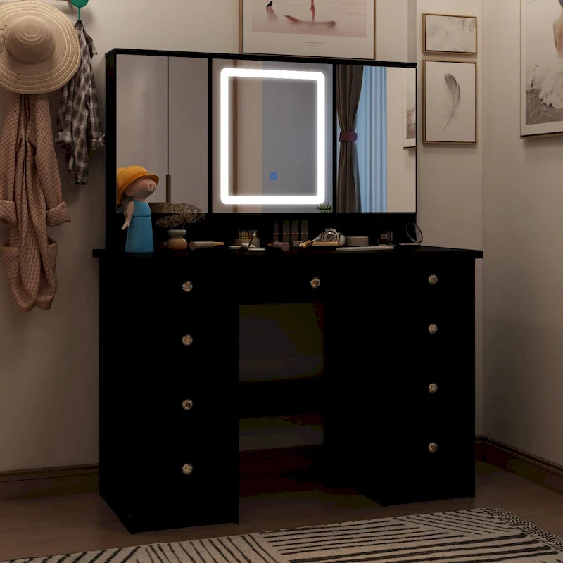 Coiffeuse spacieuse avec armoires de rangement miroir – Une oasis de beauté