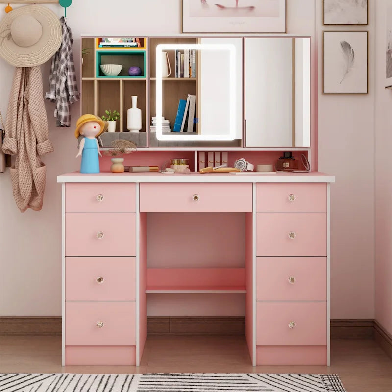 Coiffeuse spacieuse avec armoires de rangement miroir – Une oasis de beauté