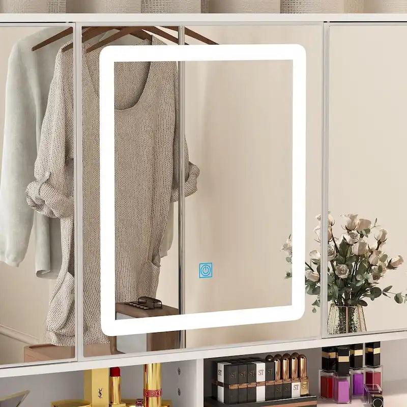 Coiffeuse spacieuse avec armoires de rangement miroir – Une oasis de beauté