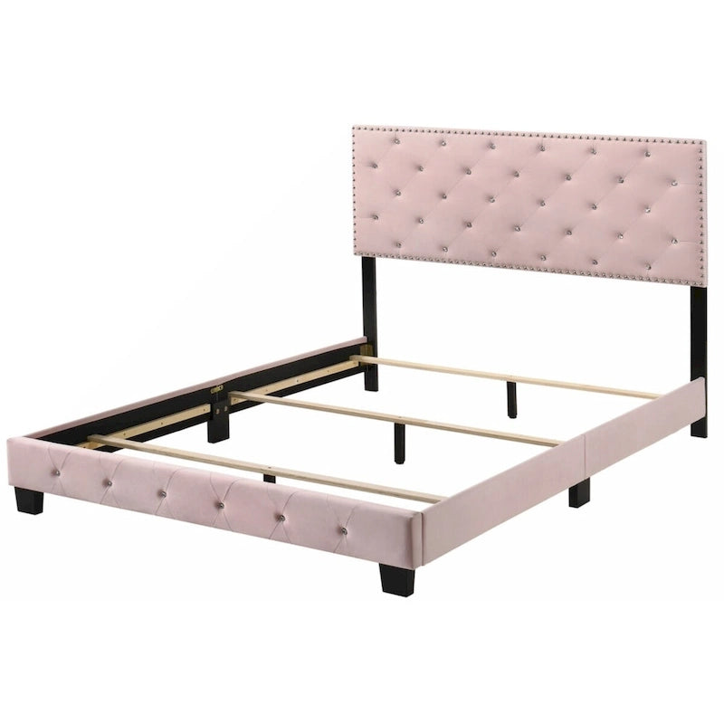 Lit plateforme en velours rose avec clous décoratifs, taille Queen