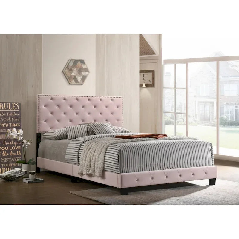Lit plateforme en velours rose avec clous décoratifs, taille Queen