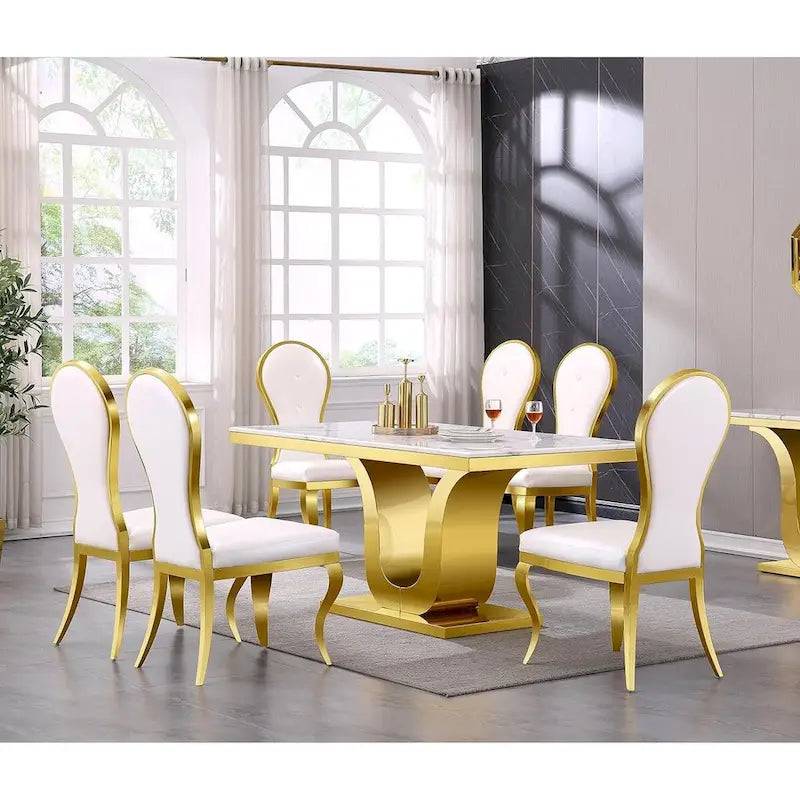 Chaises de salle à manger modernes et luxueuses en cuir blanc avec pieds en acier inoxydable doré poli