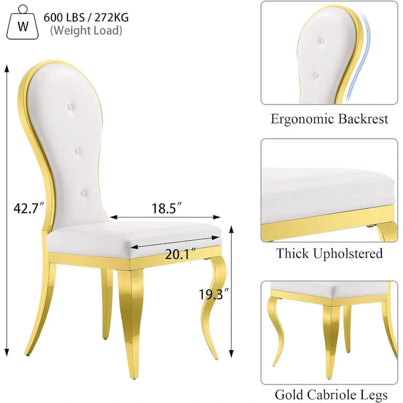 Chaises de salle à manger modernes et luxueuses en cuir blanc avec pieds en acier inoxydable doré poli