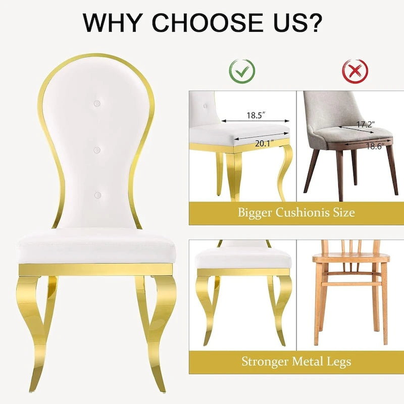Chaises de salle à manger modernes et luxueuses en cuir blanc avec pieds en acier inoxydable doré poli