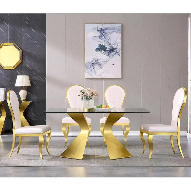 Chaises de salle à manger modernes et luxueuses en cuir blanc avec pieds en acier inoxydable doré poli