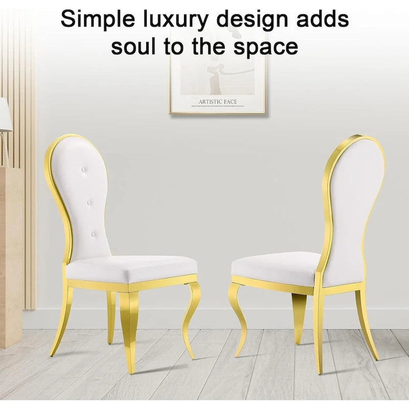 Chaises de salle à manger modernes et luxueuses en cuir blanc avec pieds en acier inoxydable doré poli