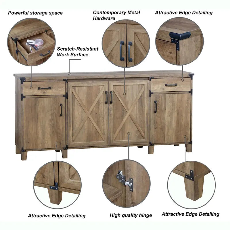 Bahut classeur rustique en chêne quatre portes Oxford - 64,7 l x 15,8 P x 29,7 H
