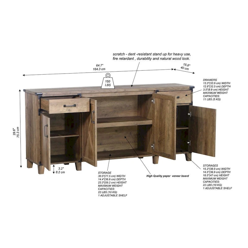 Bahut classeur rustique en chêne quatre portes Oxford - 64,7 l x 15,8 P x 29,7 H
