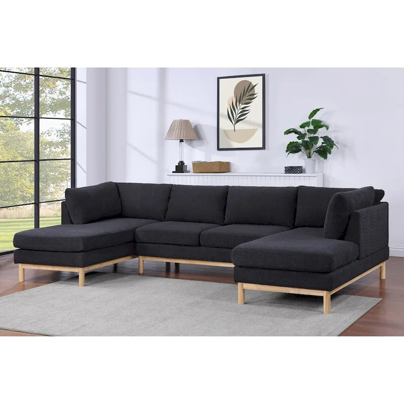 Canapé sectionnel en sherpa noir en forme de U de 315 cm avec double méridienne large - 315L x 161P x 85H cm