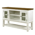 Bora 60 Inch Wood Server, 2 Glass Door Cabinets, Distressed White, Gray