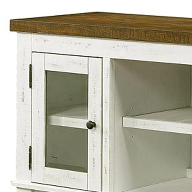 Desserte en bois de 60 pouces, 2 armoires à portes vitrées, blanc vieilli, gris