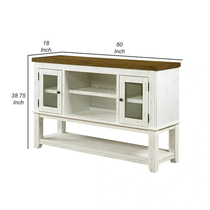 Desserte en bois de 60 pouces, 2 armoires à portes vitrées, blanc vieilli, gris