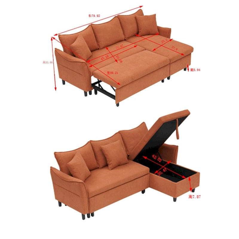 Canapé d'angle en velours côtelé 80 avec deux petits coussins de décoration